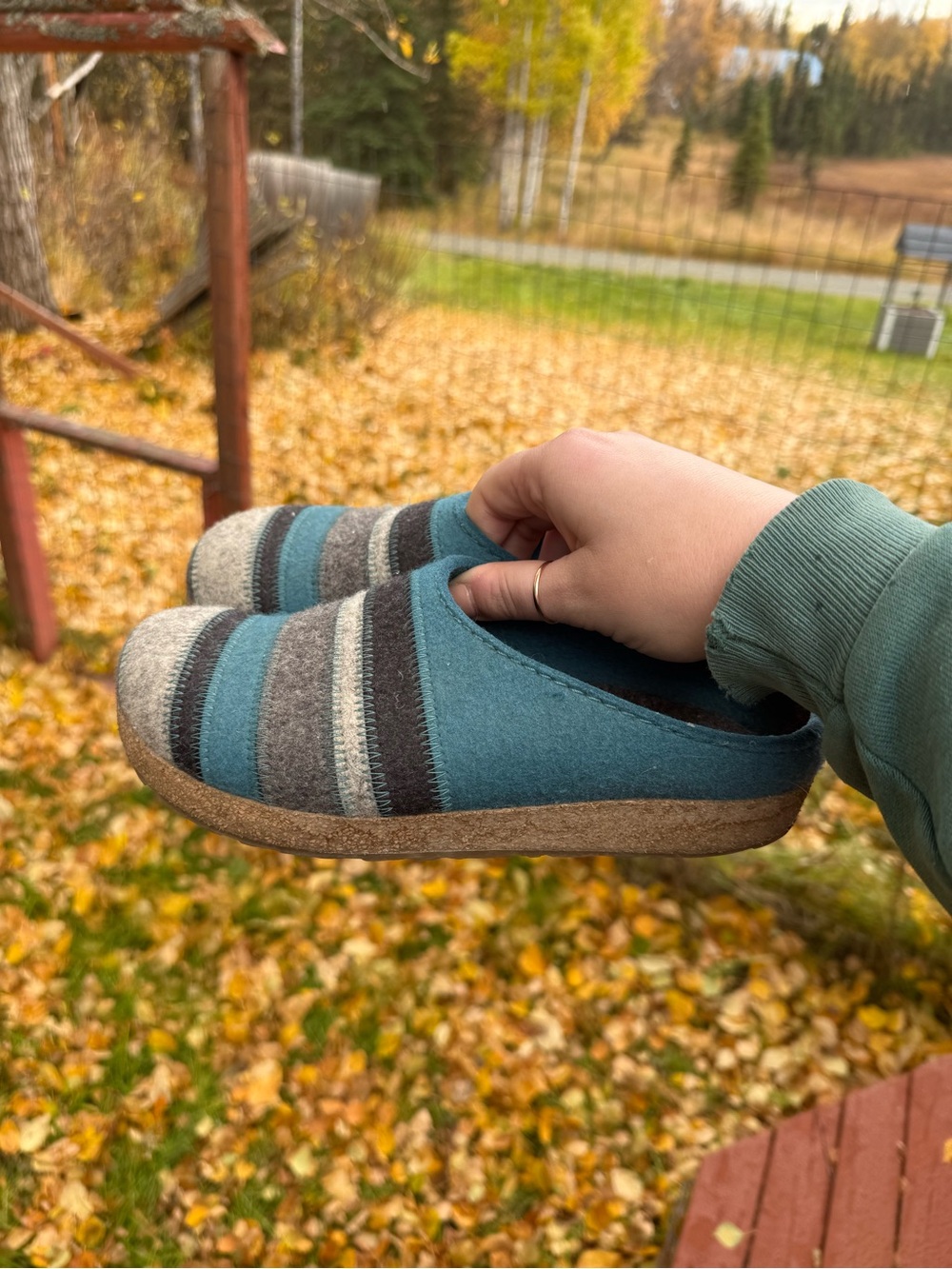 Haflinger Teal and Gray Striped Slip On Wool Grizzly Clogs